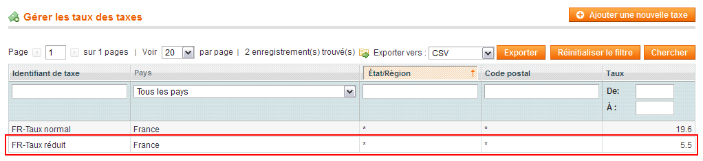 Liste des taux par zone avant modification