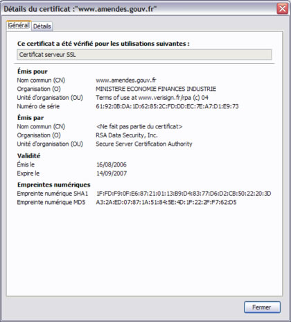 Certificat SSL amendes.gouv.fr