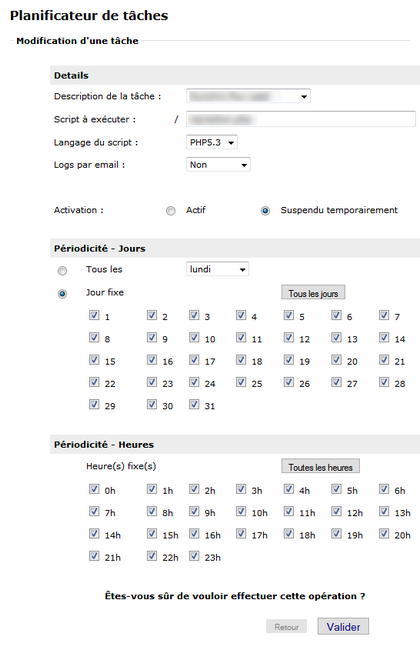 Propriétés d'une tâche planifiée OVH