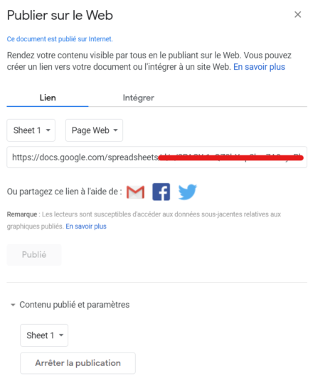 Fenêtre de paramétrage de publication du document Google Sheets.