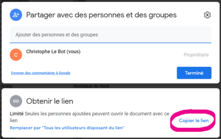 Fenêtre de paramétrage du partage du document Google Sheets.