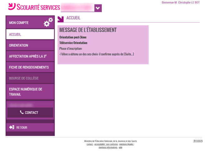 Page d'accueil du site Scolarité Services