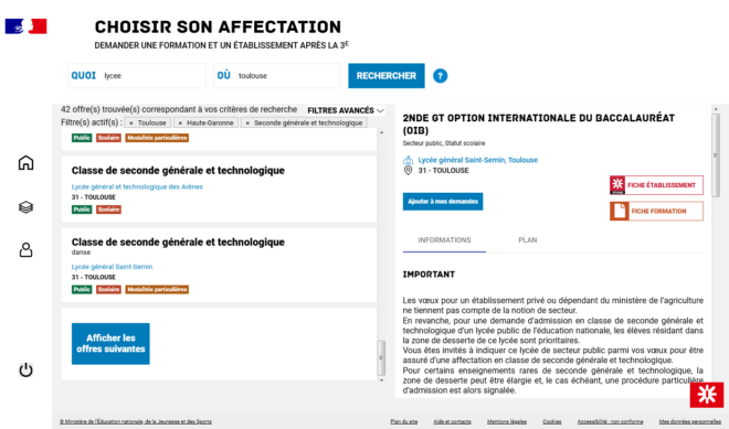 Liste de formations post 3e filtrées