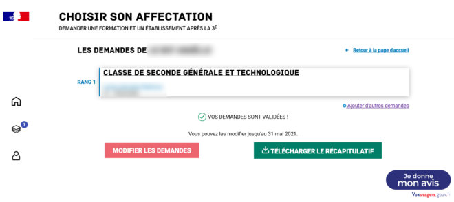 Confirmation de la validation des choix de formations post 3e