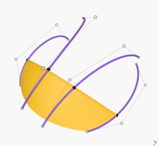 Illustration de l'application d'une surface sur un maillage de 4 courbes de Bézier